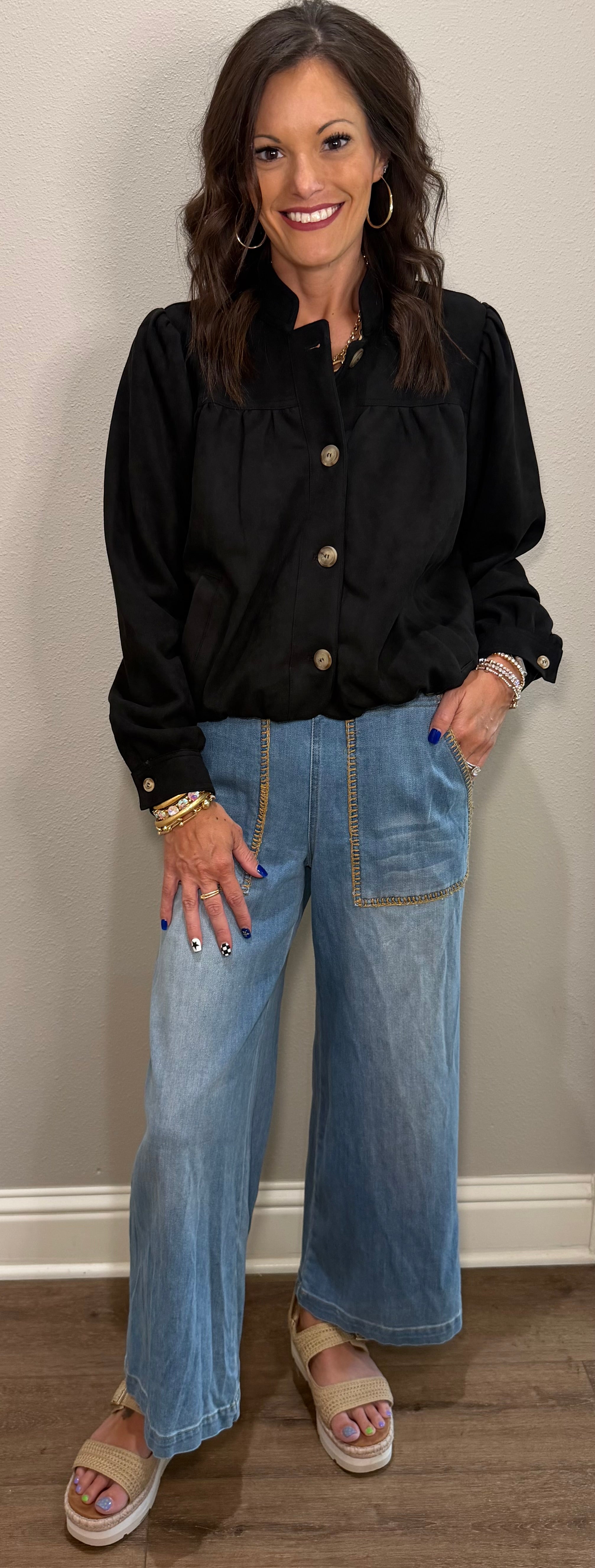 Black Suede Blouson Bottom Button Up Jacket