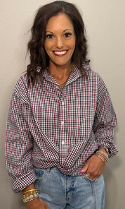 Red Multi Plaid Ruffle Collar Top