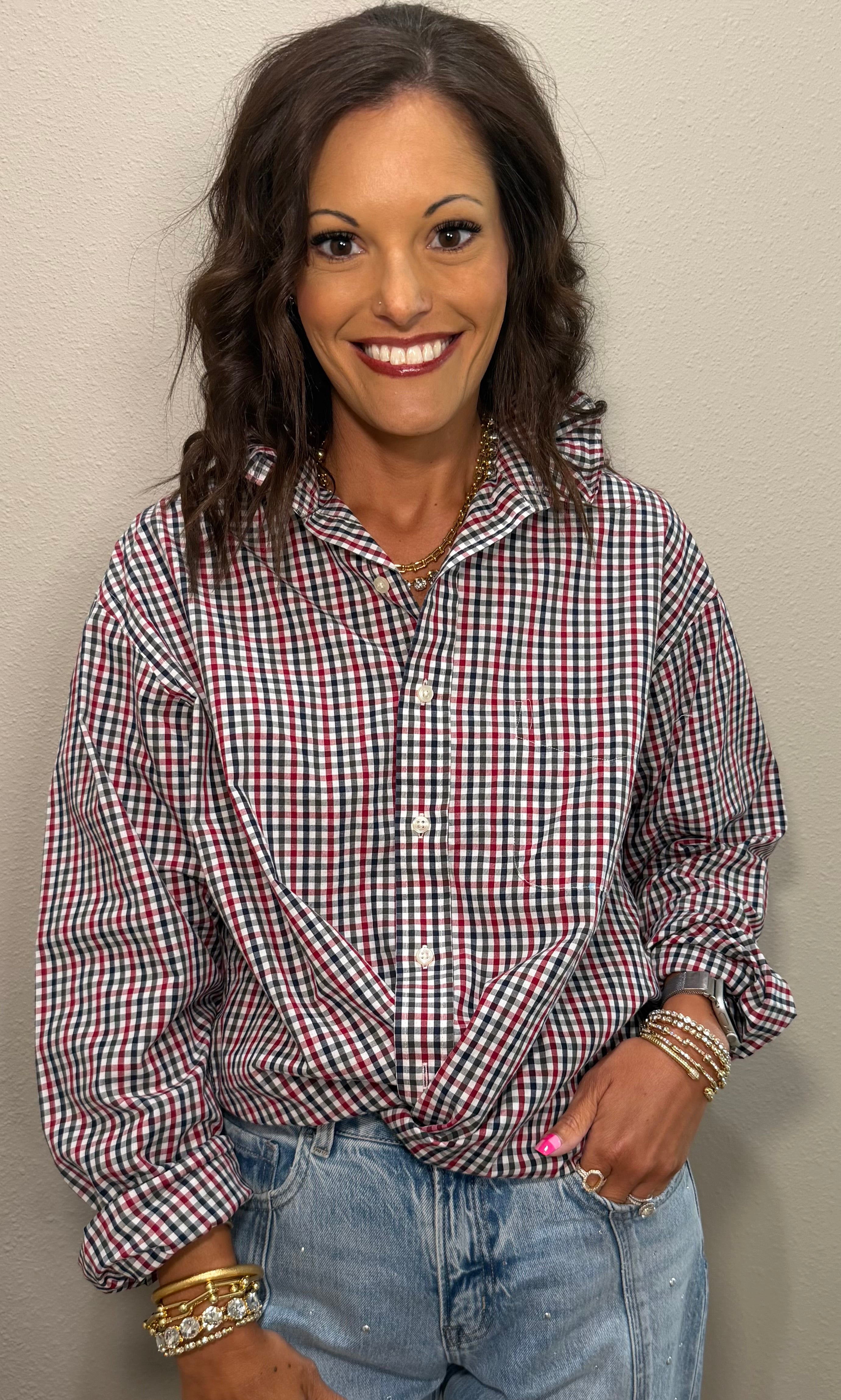 Red Multi Plaid Ruffle Collar Top