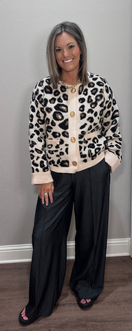 Leopard Cardigan Sweater w/ Big Gold Button Details