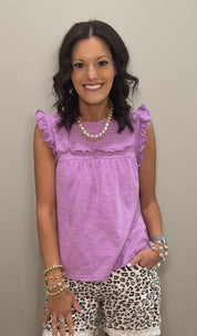 Ruffle Detail Solid Knit Tank Top - GREEN & LAVENDER