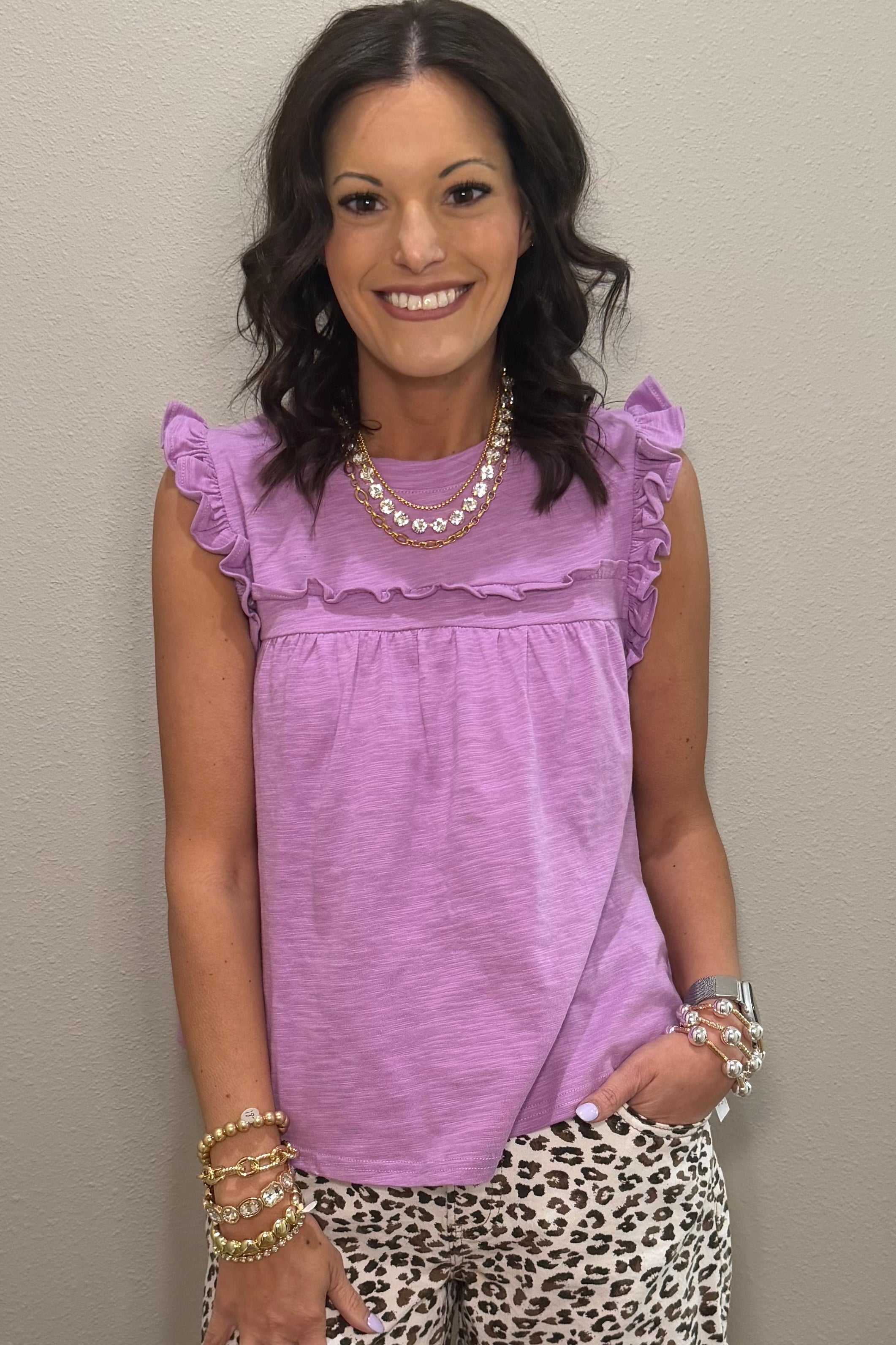 Ruffle Detail Solid Knit Tank Top - GREEN & LAVENDER