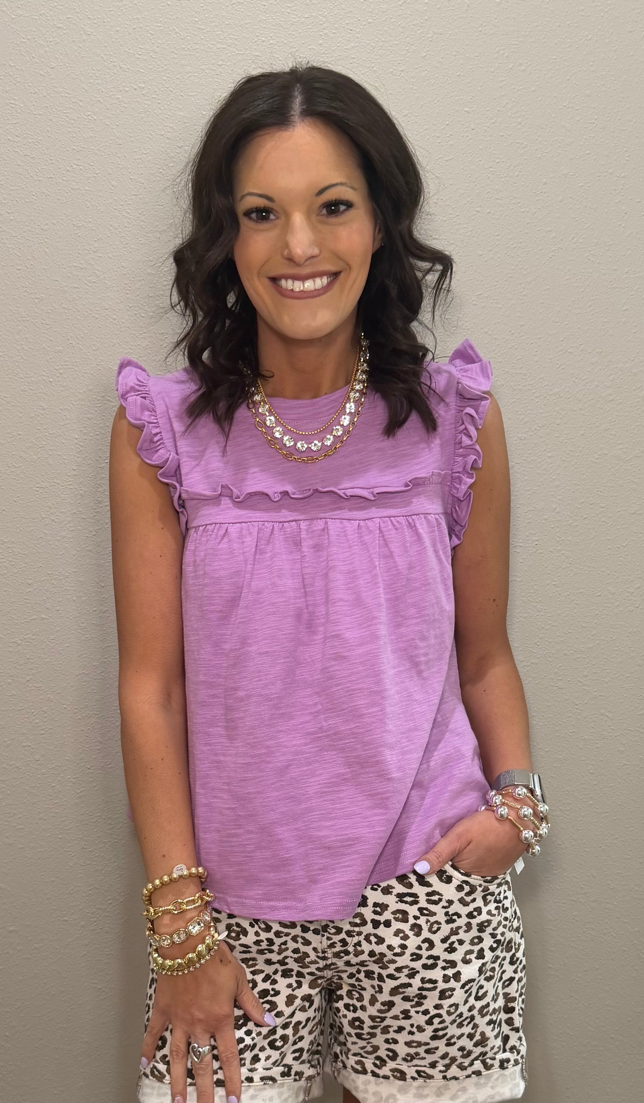 Ruffle Detail Solid Knit Tank Top - GREEN & LAVENDER