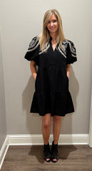 Black Embroidered Sleeve Tiered Dress