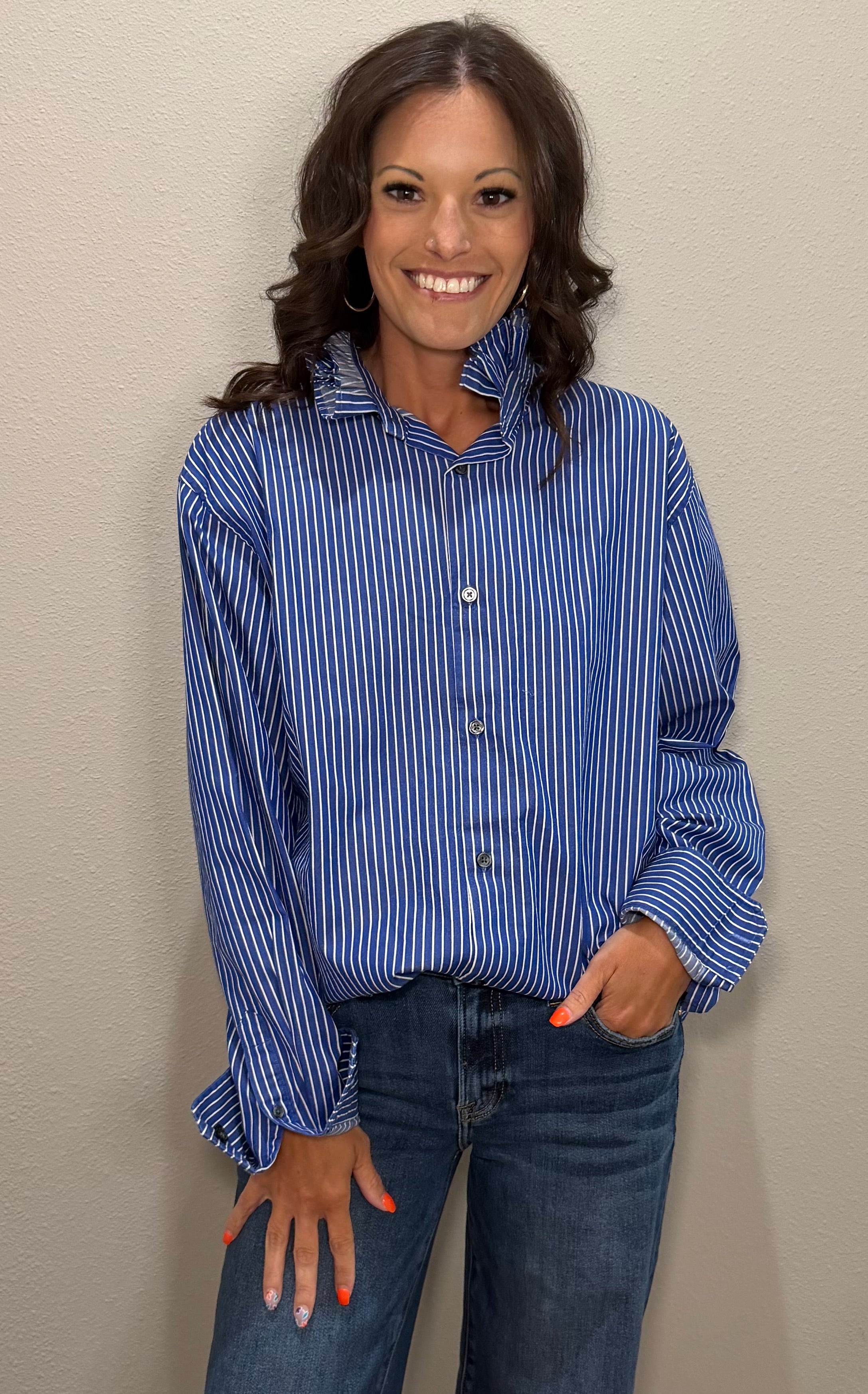 Blue & White Stripe Ruffle Collar Button Down Top