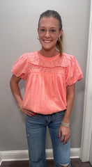Peach Bubble Sleeve Eyelet Top