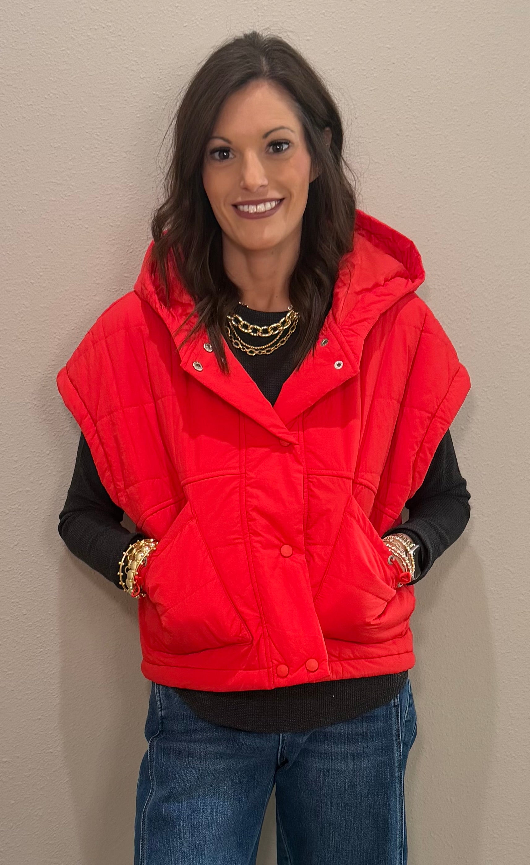 Tomato Red Quilted Hooded Puffer Vest
