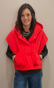 Tomato Red Quilted Hooded Puffer Vest