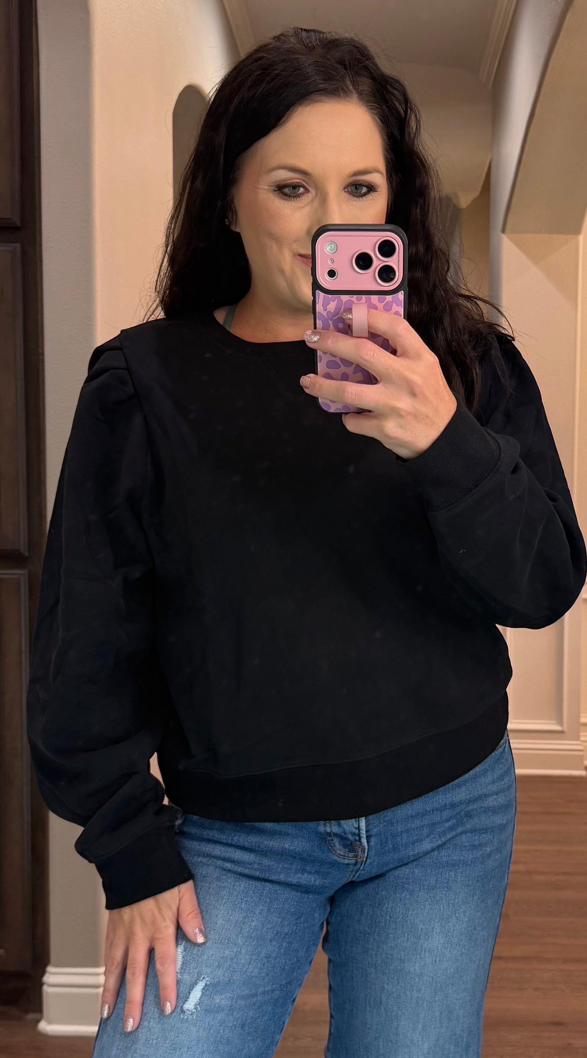Black Ruffle Puff Sleeve Sweatshirt