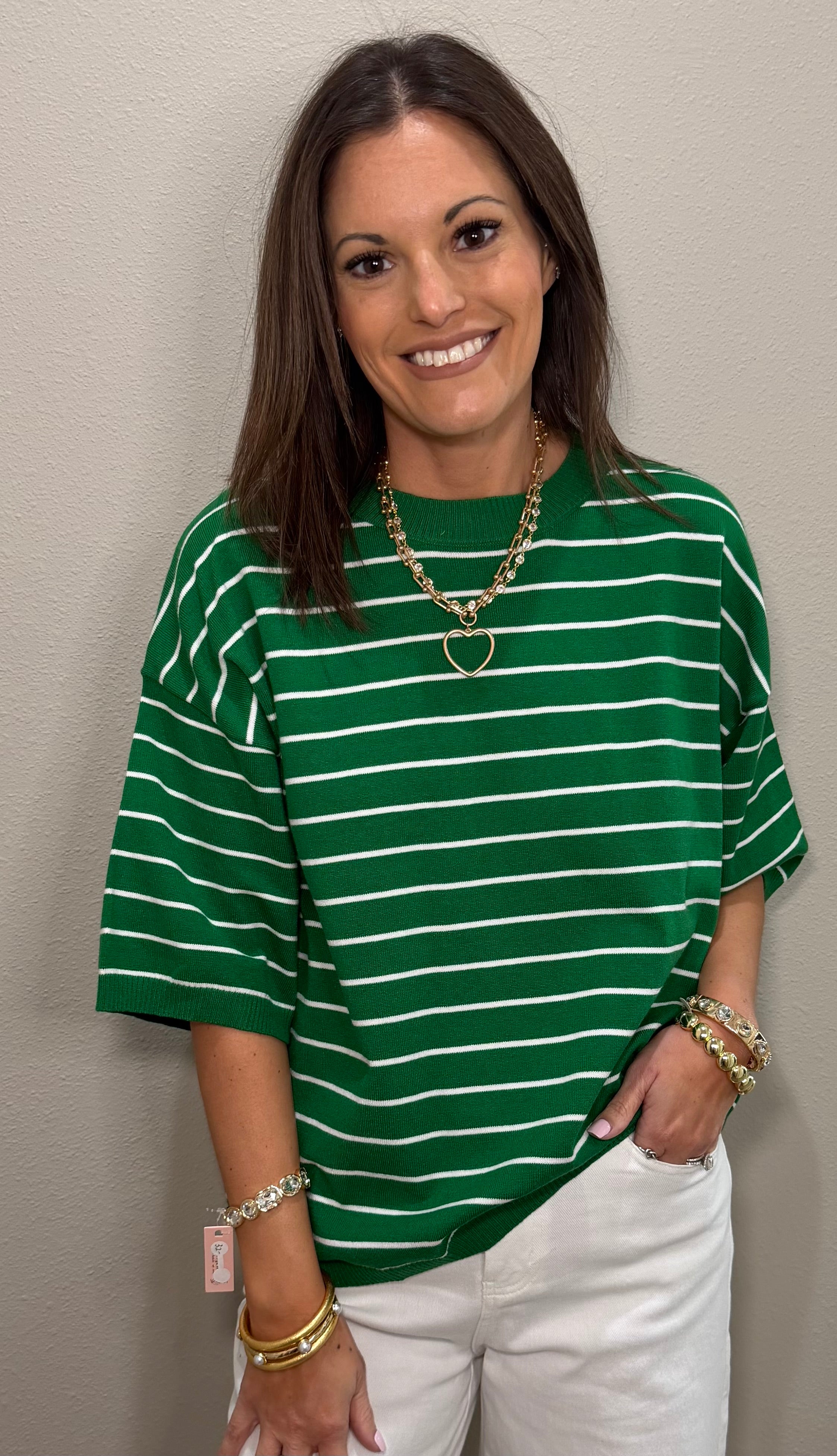 Green & White Striped Knit Top