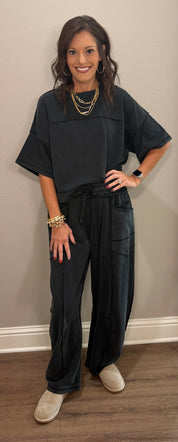 Black Mineral-Wash Boxy Top & Barrel Pants Set