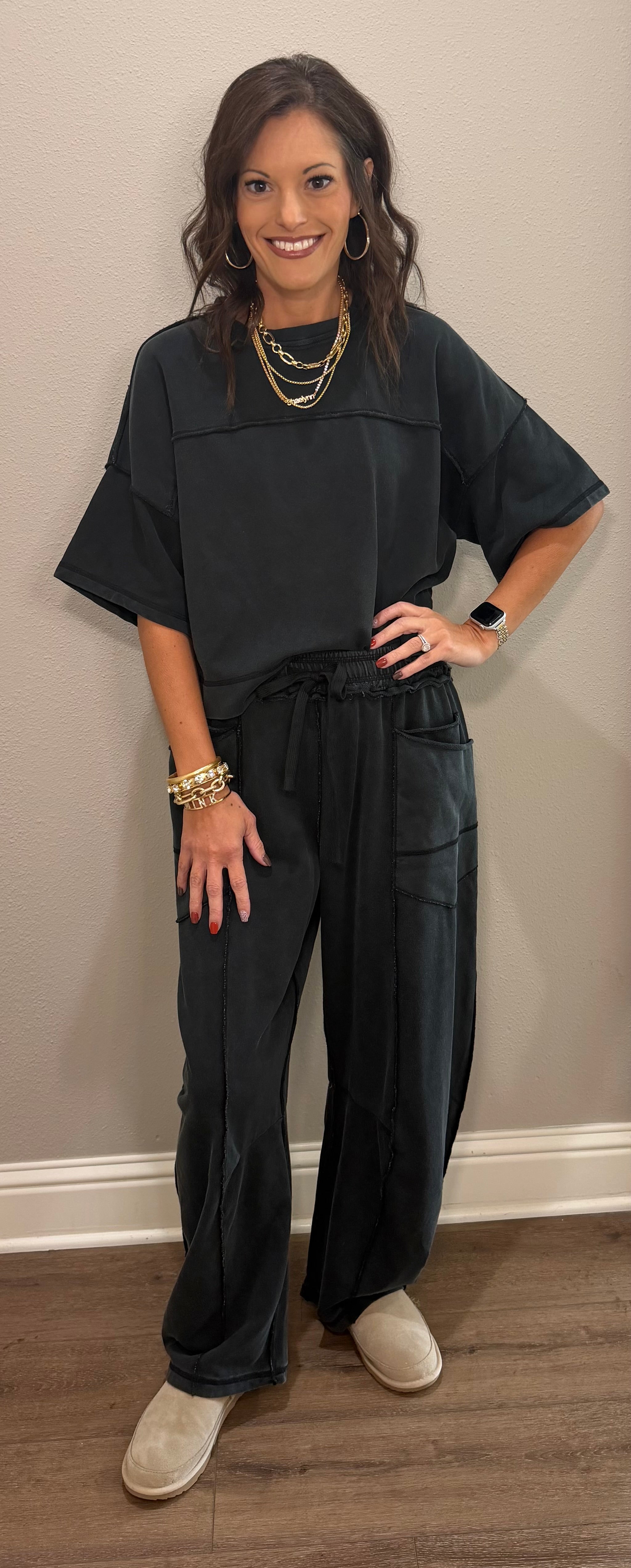 Black Mineral-Wash Boxy Top & Barrel Pants Set