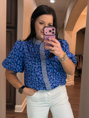 Blue Leopard Button Down w/ Gingham Ruffle Details & Puff Sleeves