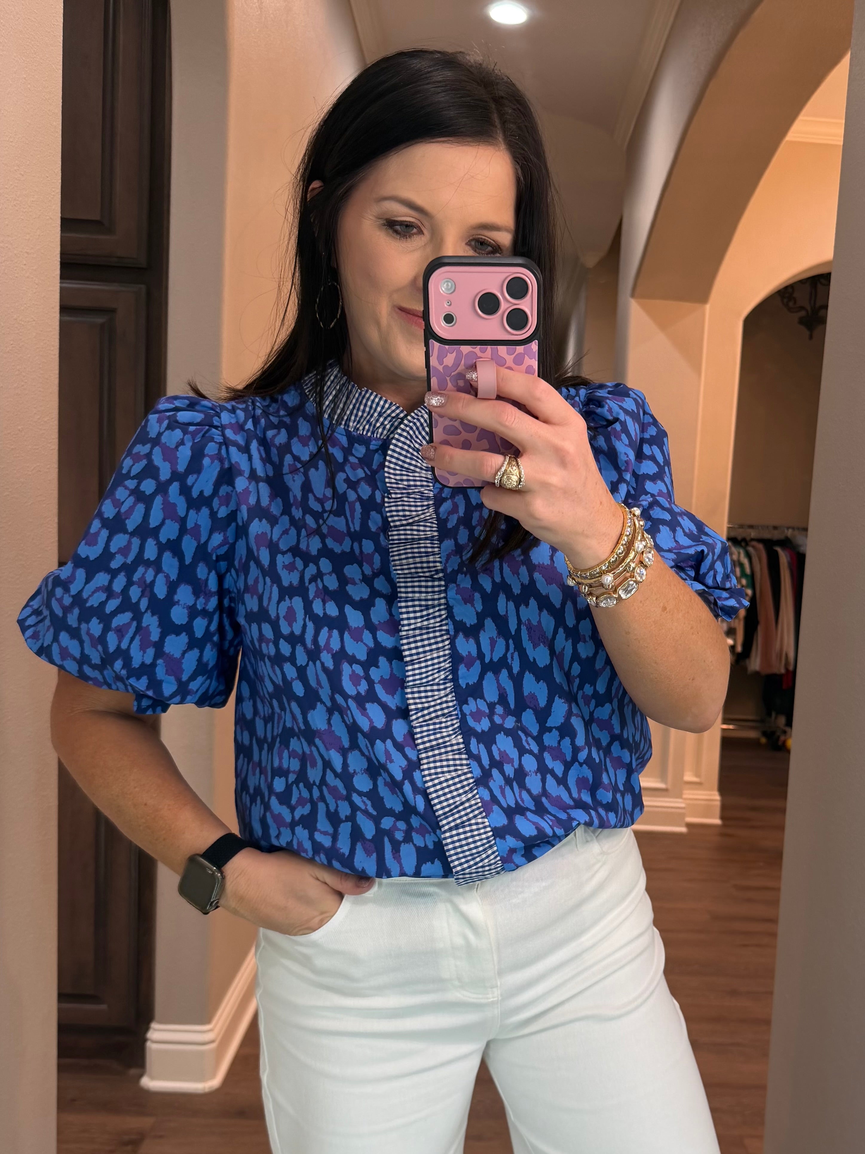 Blue Leopard Button Down w/ Gingham Ruffle Details & Puff Sleeves
