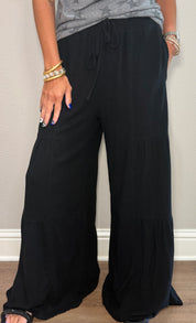 Black Linen Blend Tiered Wide Leg Pants