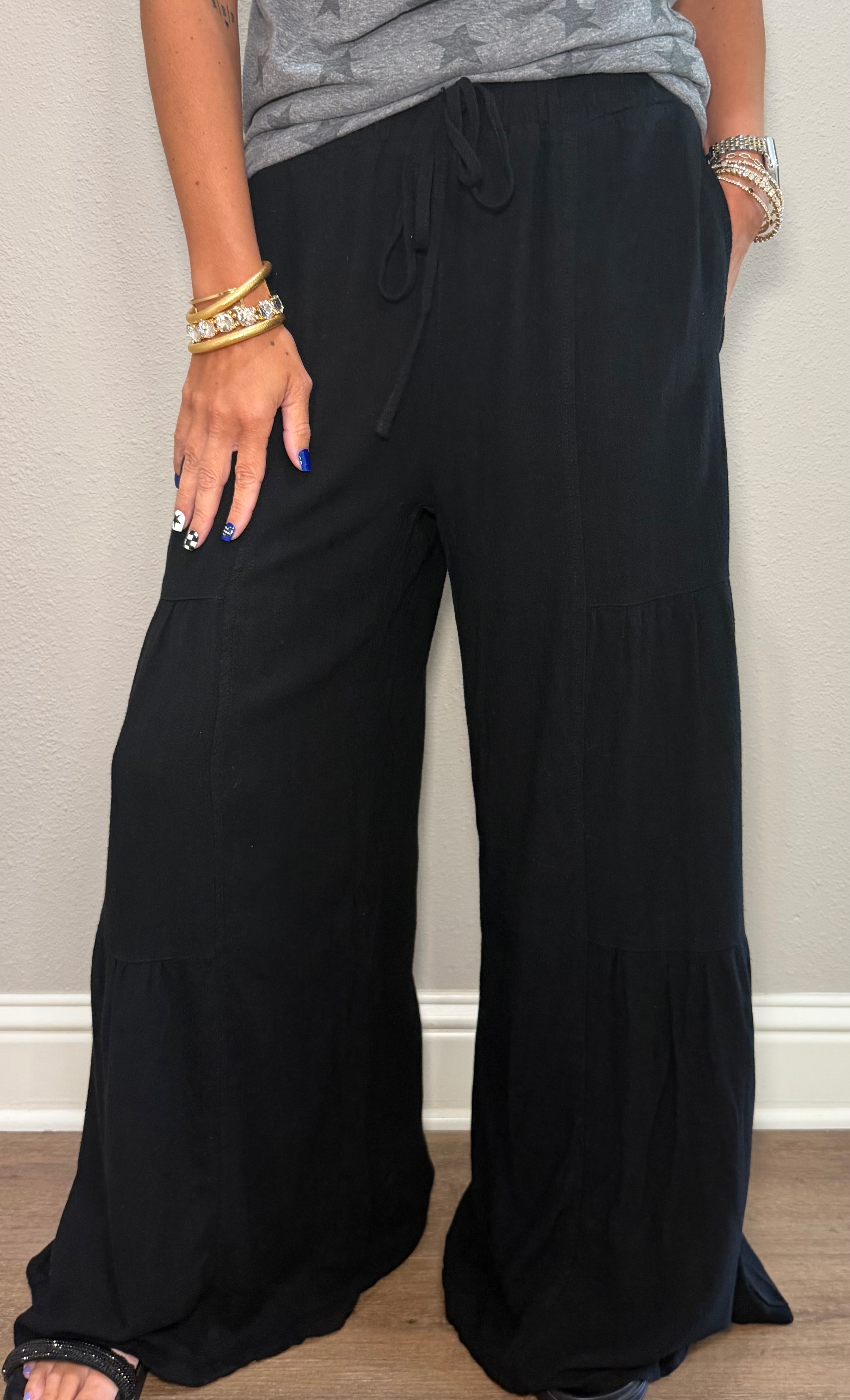 Black Linen Blend Tiered Wide Leg Pants