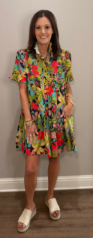 Navy Floral Printed Dress w/ Ruffle Pleated Details