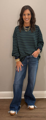 Navy & Green Striped Oversize Waffle Knit Top