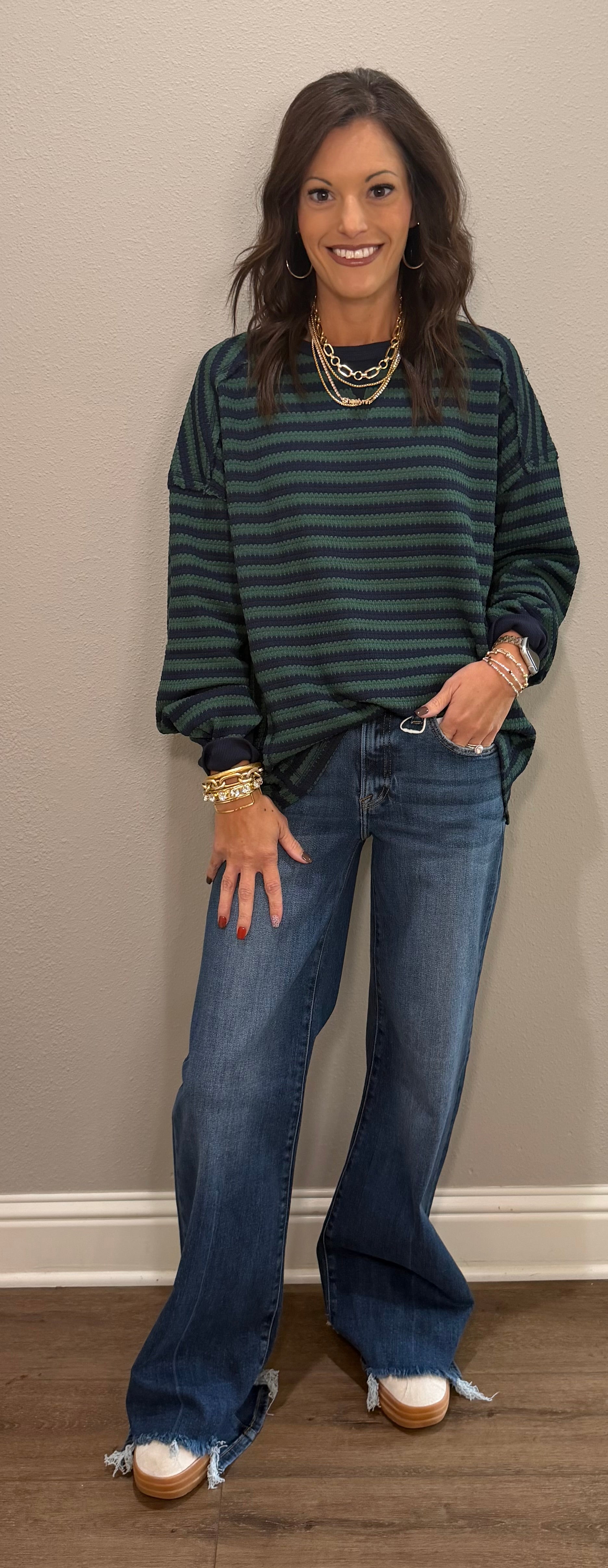 Navy & Green Striped Oversize Waffle Knit Top