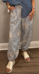 Denim Blue Embroidered Pants with Stripe Detailing