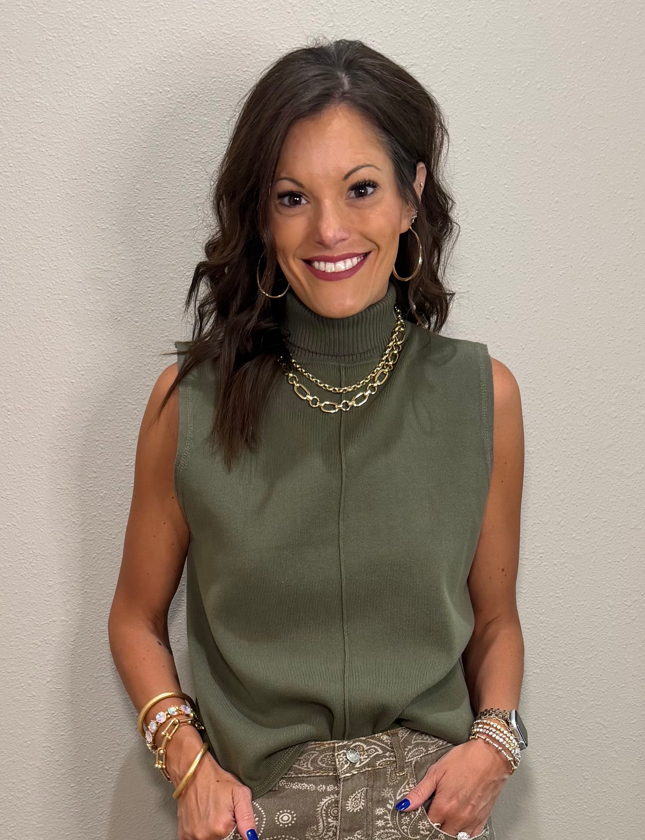 Olive Lightweight Sleeveless Turtleneck Top