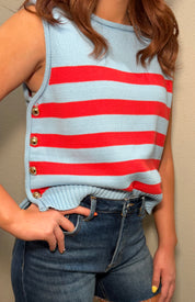 Blue/Red Striped Knit Tank Top w/ Large Gold Button Details