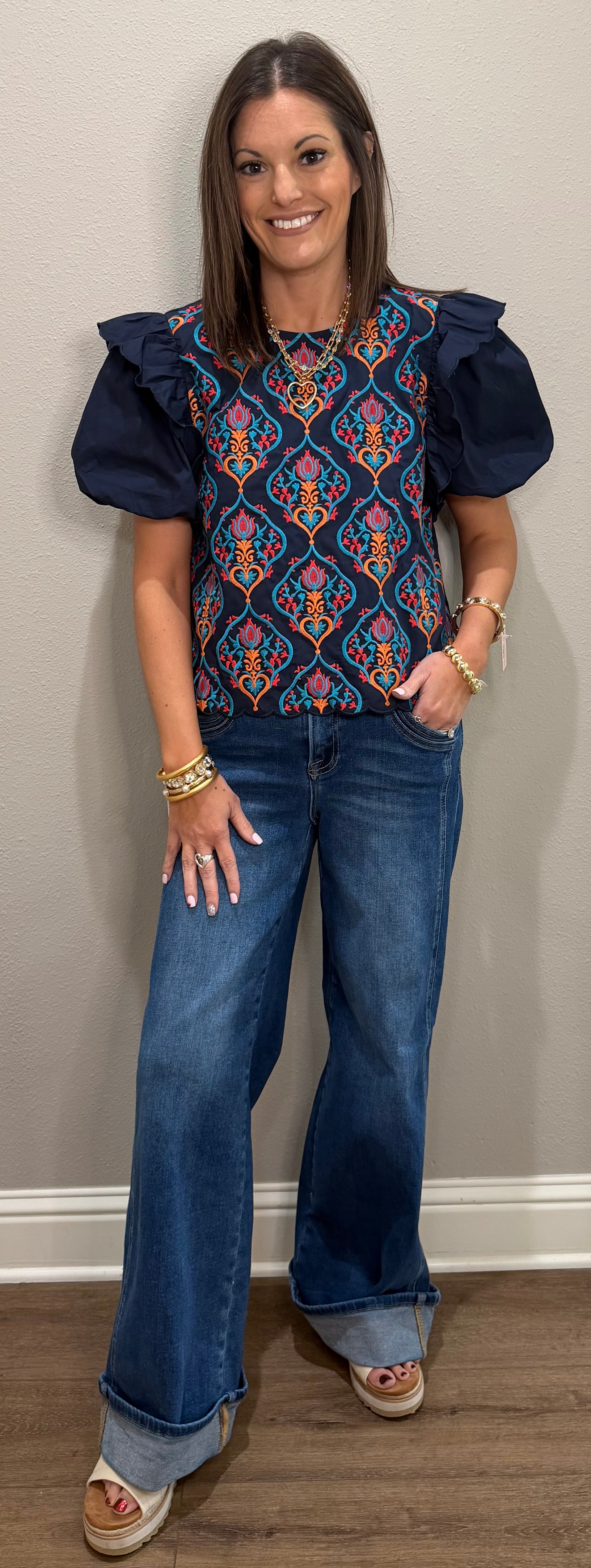 Navy Embroidered Baroque Puff Sleeve Top