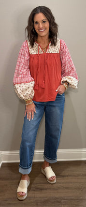 Coral Mixed Media Smocked Detail Top