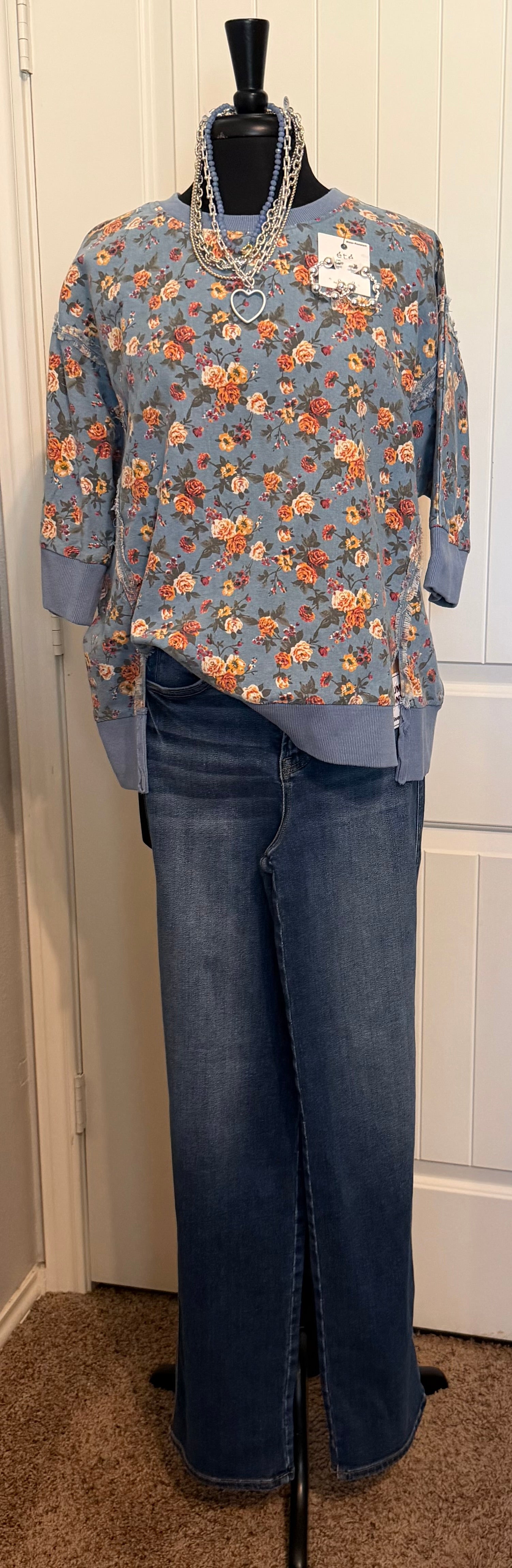 Washed Floral Printed Oversized  Top