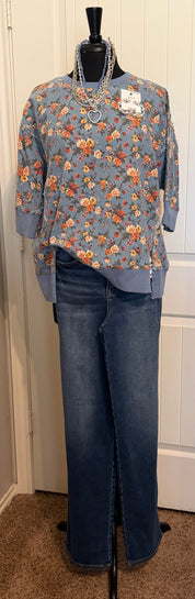 Washed Floral Printed Oversized  Top