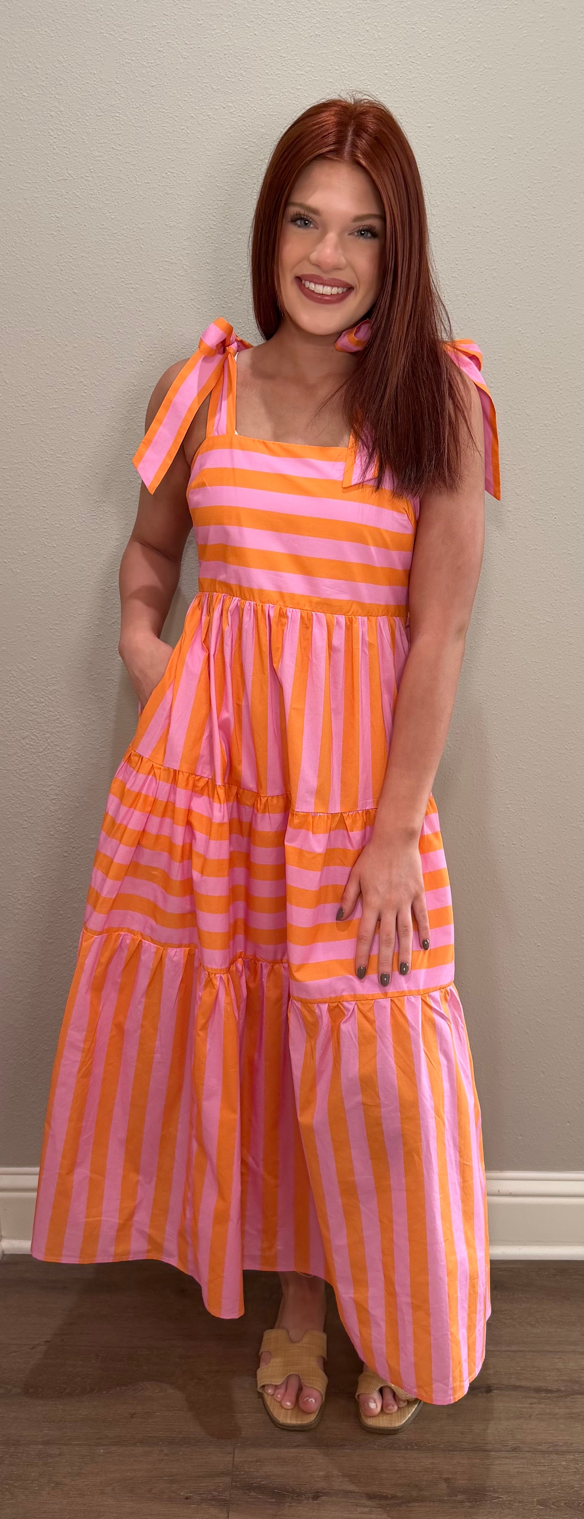 Pink & Orange Striped Adjustable Tie Midi Dress