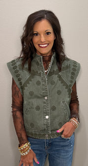 Olive Embroidered Denim Vest