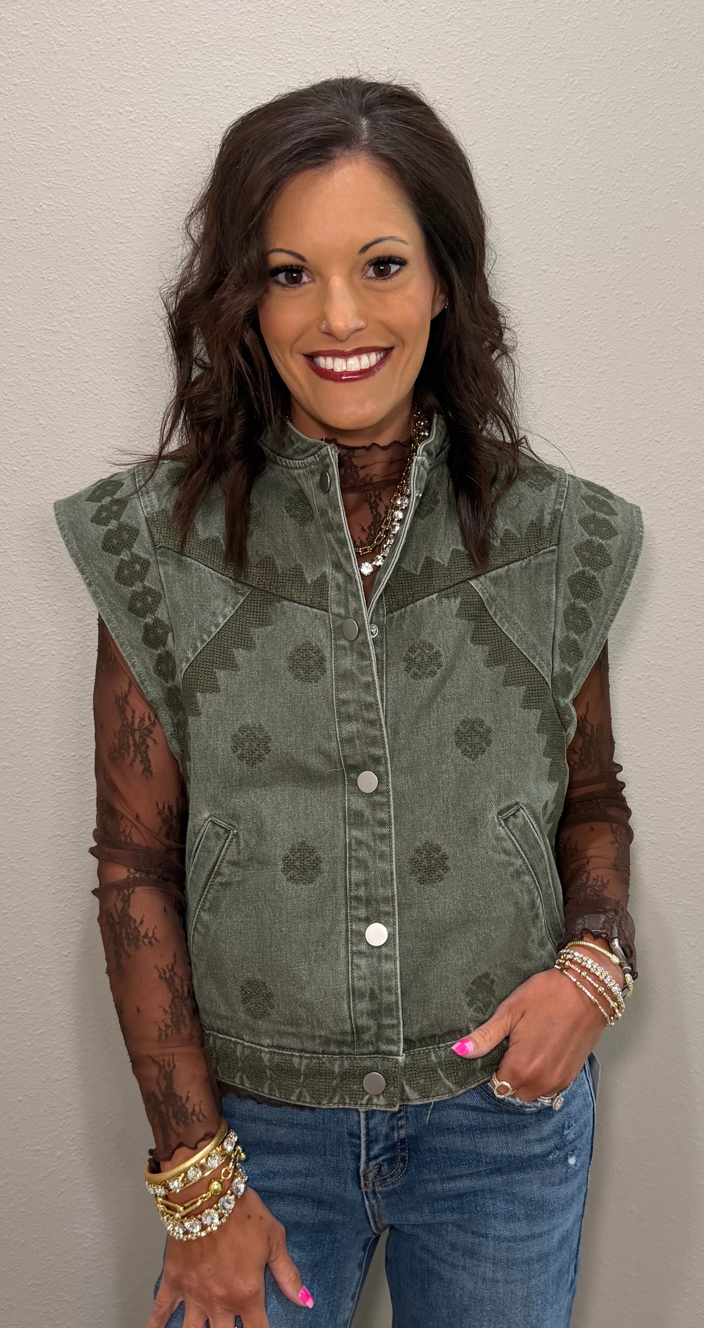 Olive Embroidered Denim Vest