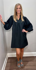 Black Puff Sleeve Dress w/ Textured Accents