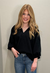 Black Balloon Sleeve V-Neck Top w/ Scalloped Hem