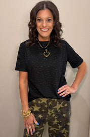 Rhinestone Embellished Crew Neck Tee - 2 COLORS