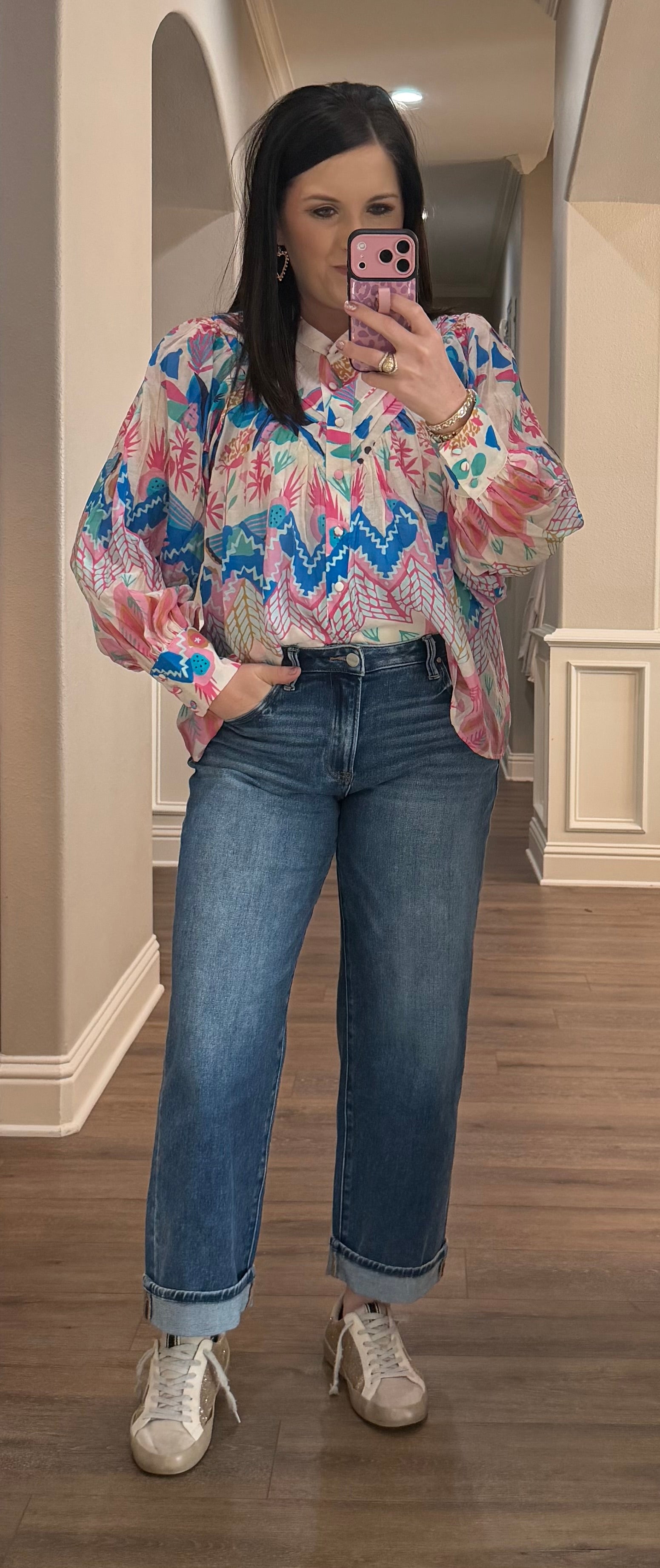 Ocean Pop Floral Printed Bubble Sleeve Blouse