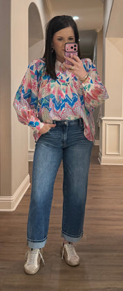 Ocean Pop Floral Printed Bubble Sleeve Blouse