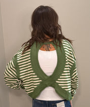 Green Striped Long Sleeve Top w/ Open Back Detail