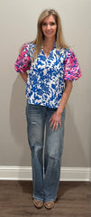 Blue & White Floral Top w/ Pink Embroidered Puff Sleeve Top