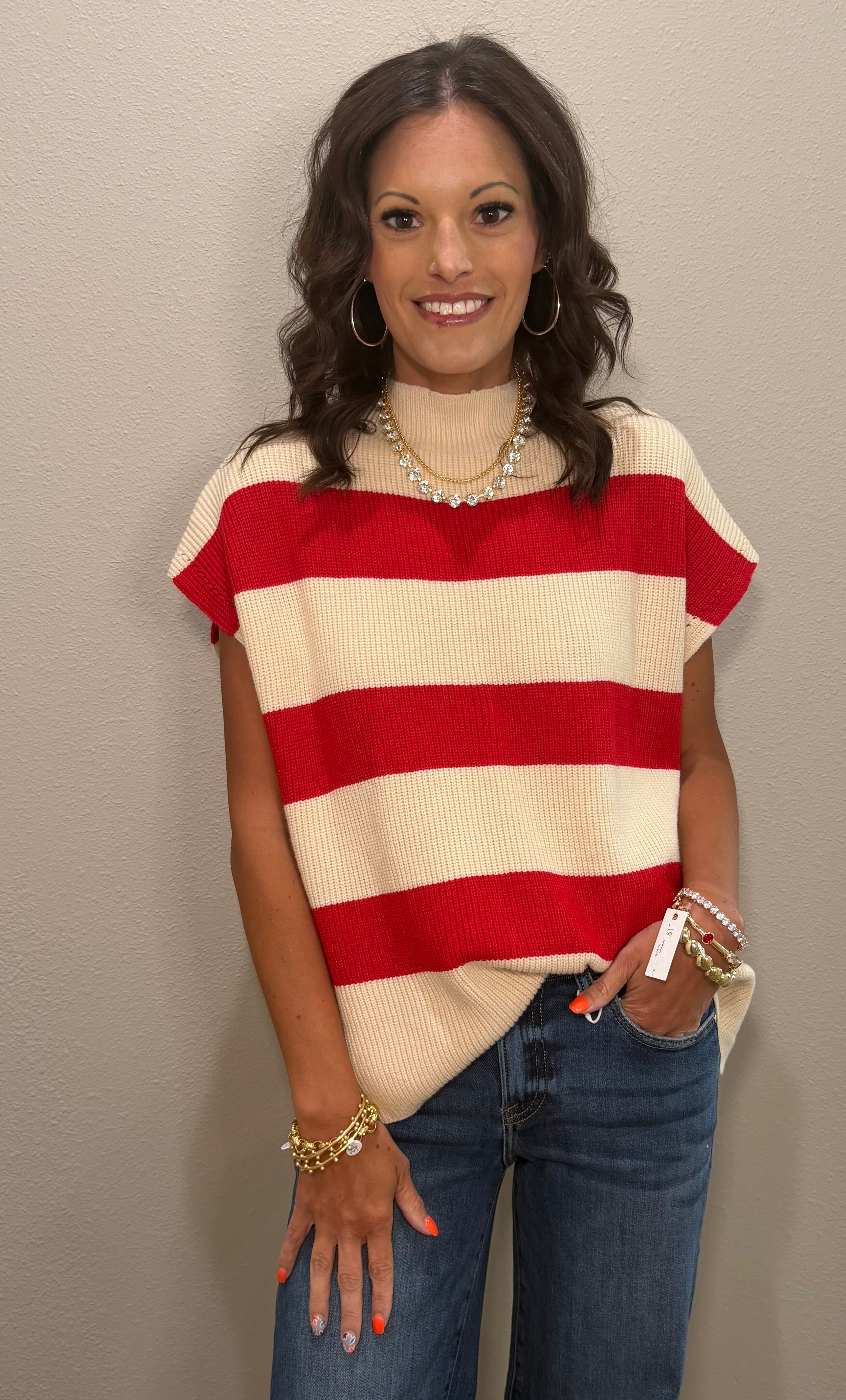 Red/Cream Stripe Oversized Sweater Vest Top