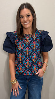 Navy Embroidered Baroque Puff Sleeve Top