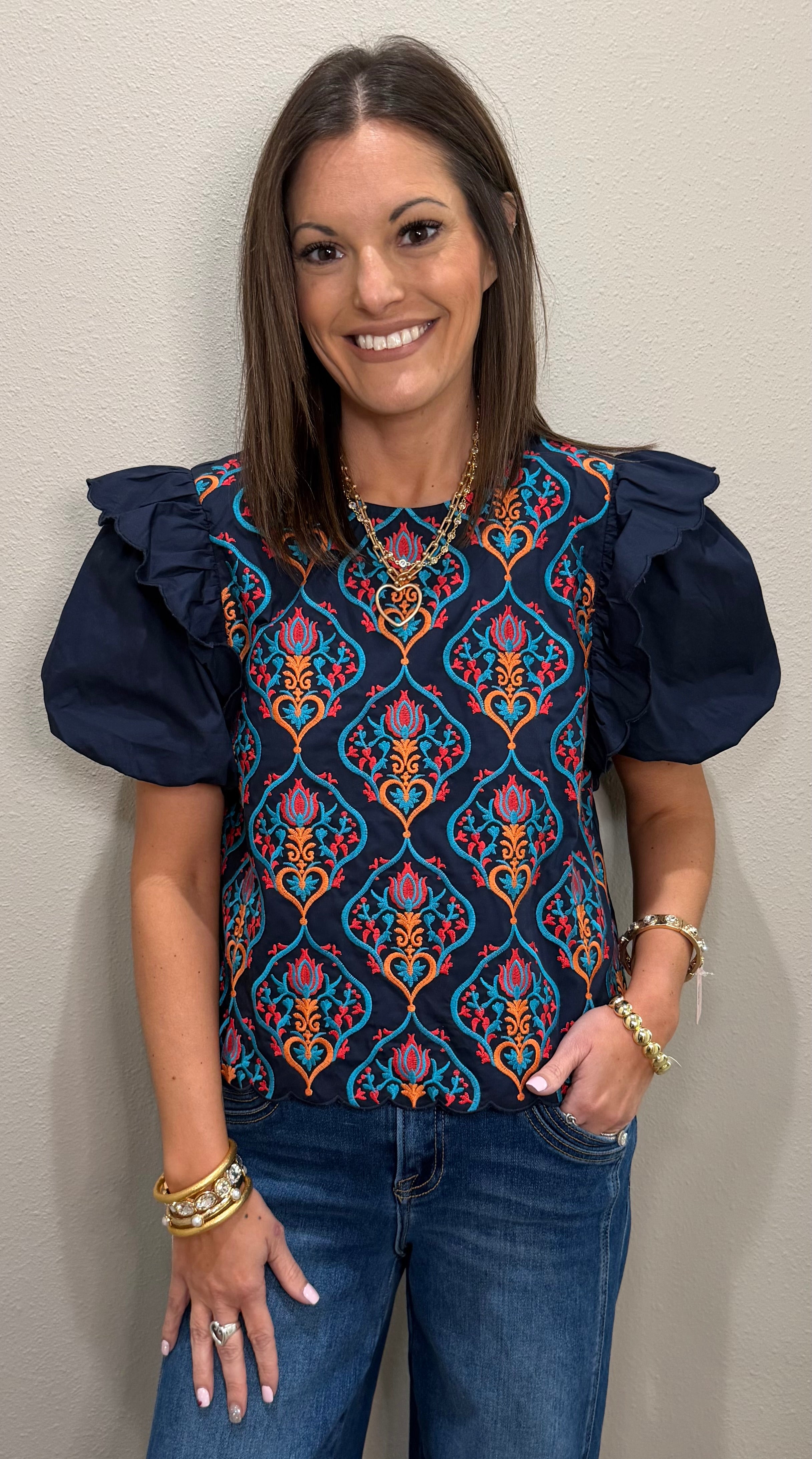 Navy Embroidered Baroque Puff Sleeve Top
