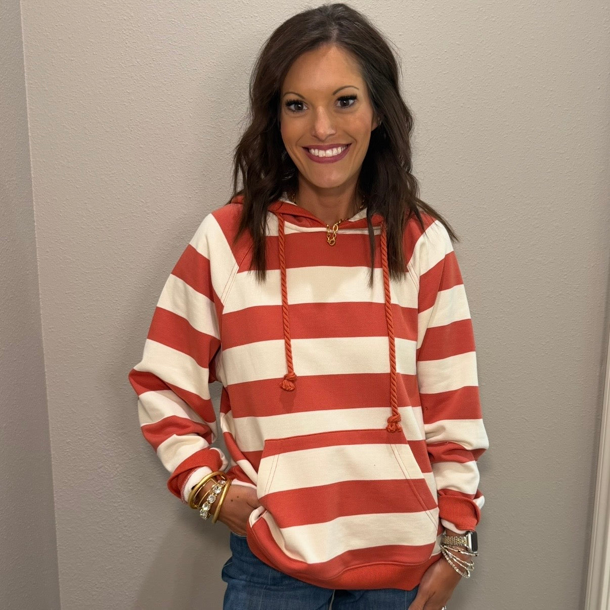 Rust & Cream Stripe Hooded Pullover