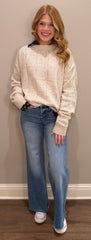 Oversized OATMEAL Windowpane Patterned Two Tone Sweater