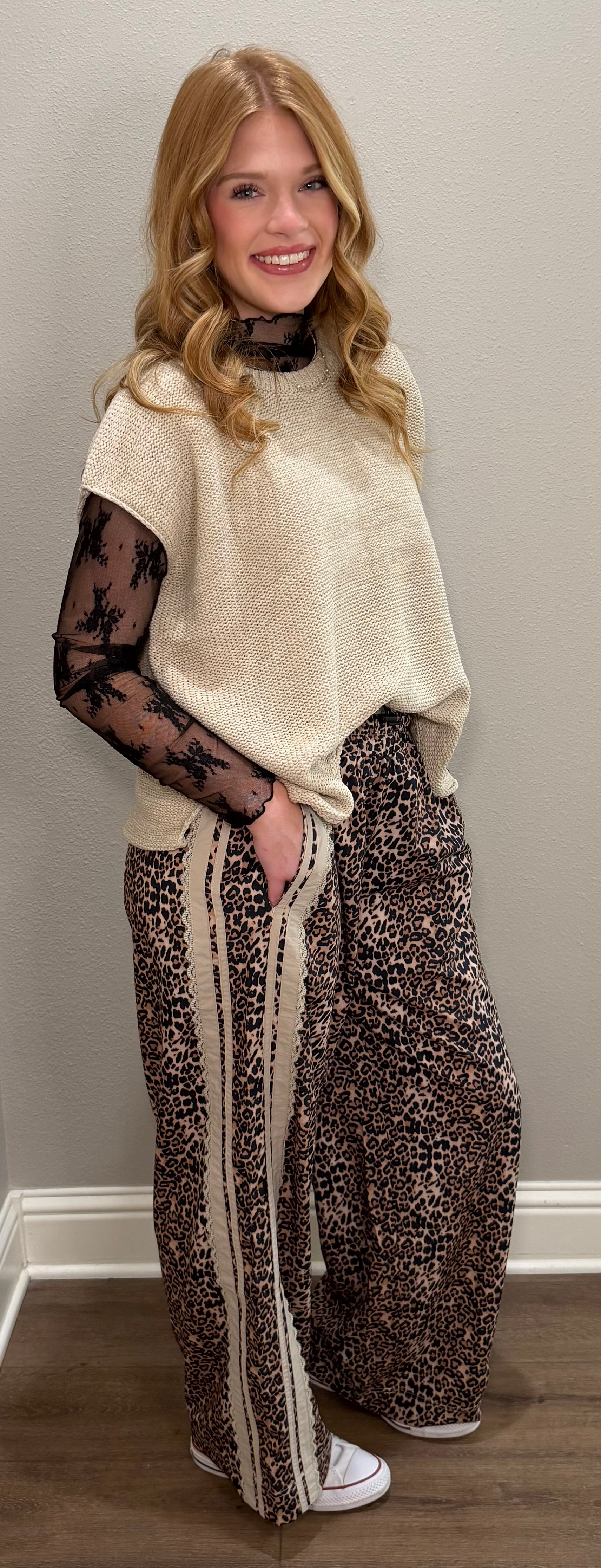 Leopard Printed Track Pants w/ Oatmeal Lace Side Details