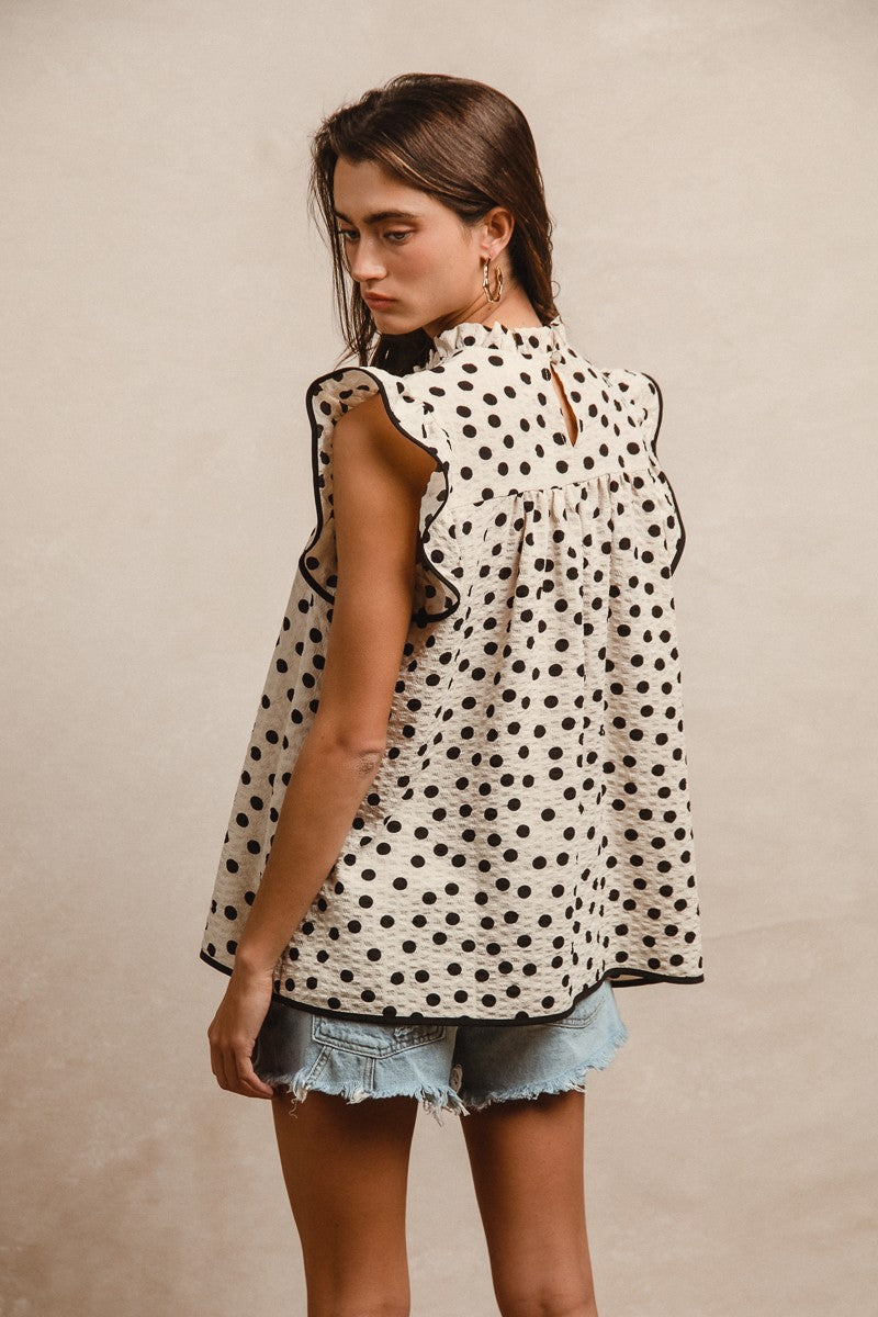 Cream & Black Polka Dotted Smock Ruffle Tank Top