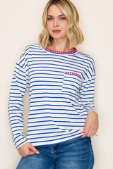 Blue & White Striped Blanket Stitch Long Sleeve Top