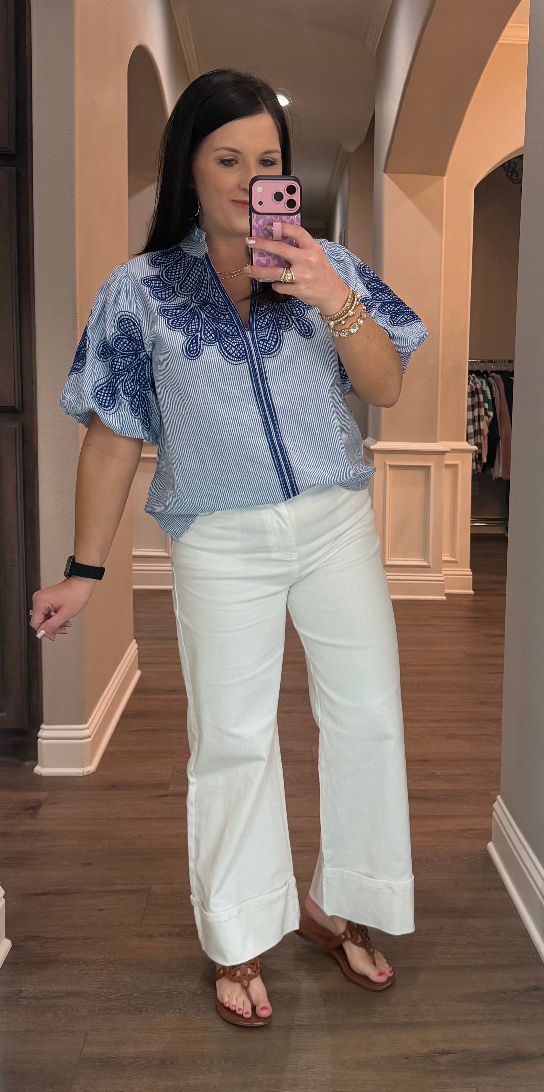 THML Blue & White Striped Top w/ Embroidered Details