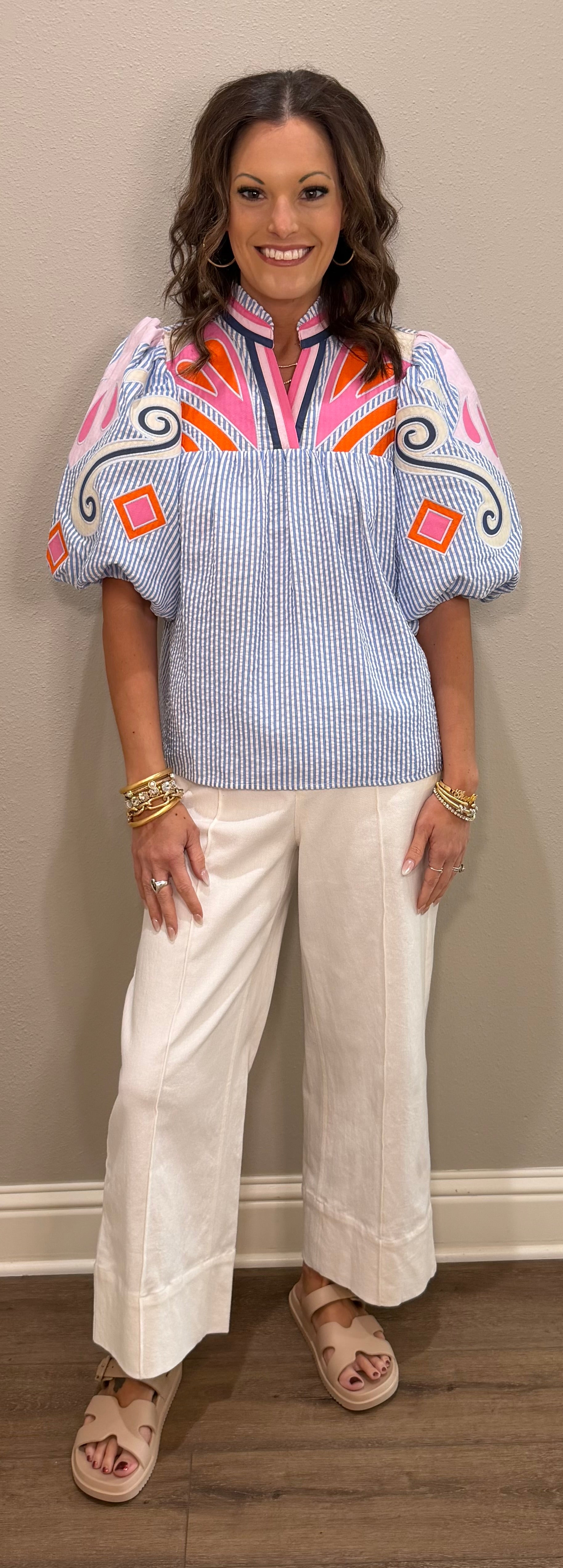 THML Blue Striped Embroidered Puff Sleeve Top